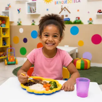 Criança durante uma refeição na brinquedoteca da instituição.